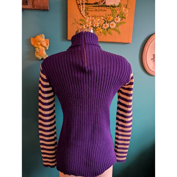 Vintage 60s purple and white striped acrylic turtleneck sweater mod retro - Picture 3 of 4